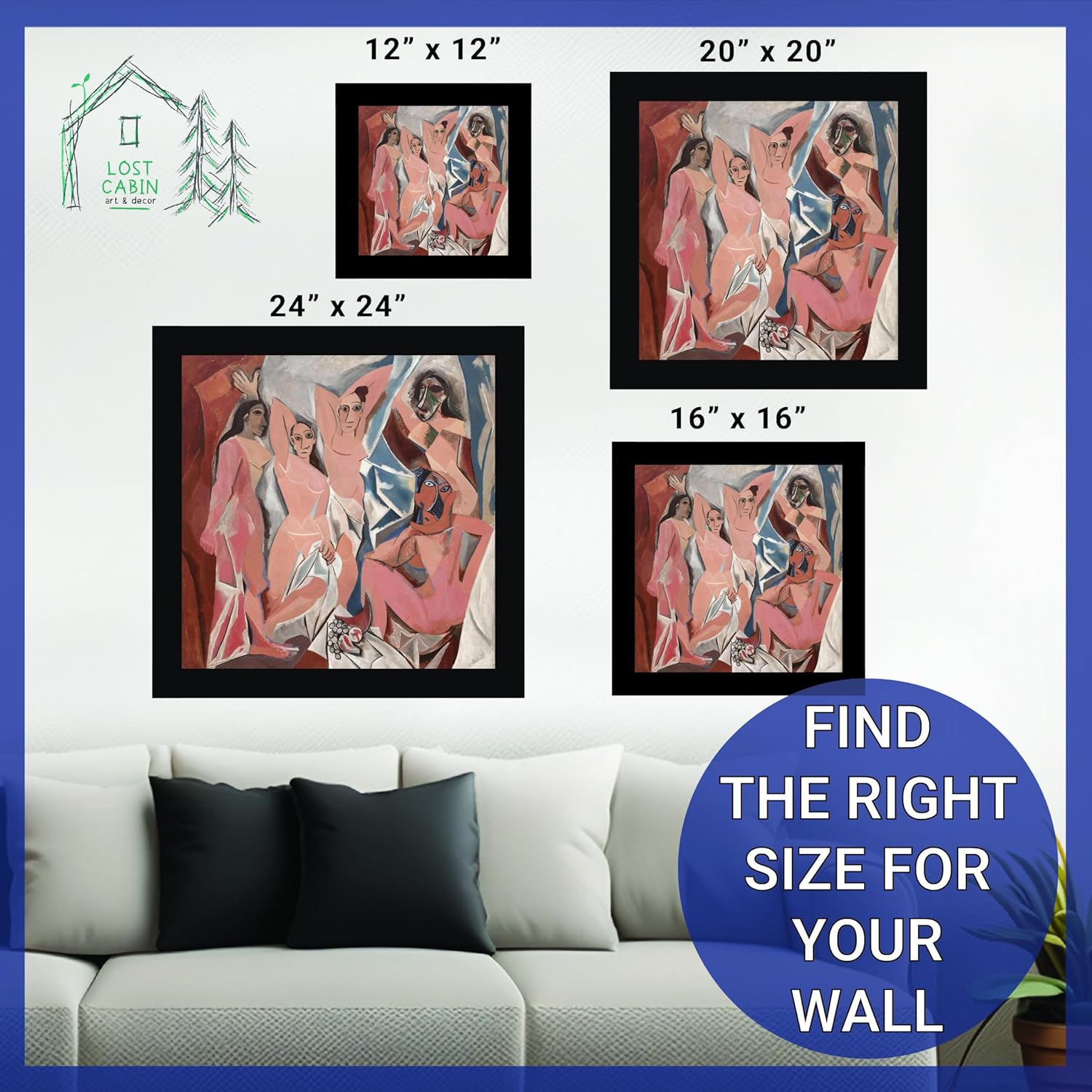 Lost Cabin Les Demoiselles D'Avignon 1907 by Pablo Picasso | Canvas Black Flat Frame | Fine Artwork Painting Reproduction | Framed Wall Art Decor Poster | Image: 16X16 Frame: 18X18