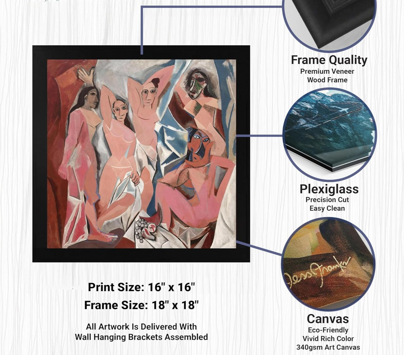 Lost Cabin Les Demoiselles D'Avignon 1907 by Pablo Picasso | Canvas Black Flat Frame | Fine Artwork Painting Reproduction | Framed Wall Art Decor Poster | Image: 16X16 Frame: 18X18