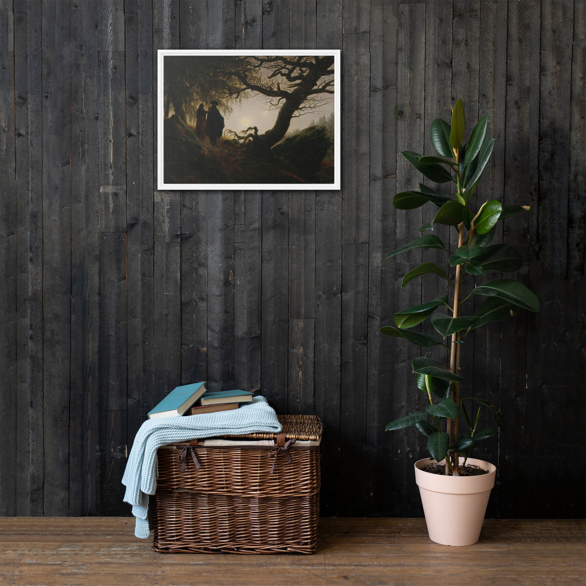 Man and woman contemplating the Moon by Caspar David Friedrich Framed Canvas Print